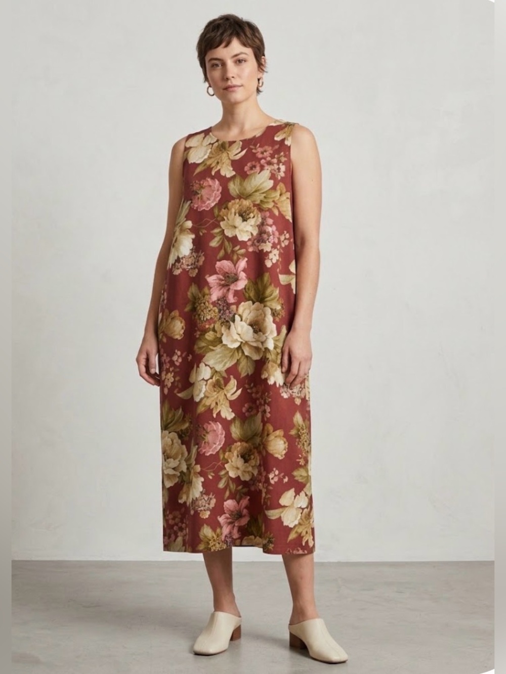 Midi Dress Medium Rust Floral Cottagecore Fall Cotton Sleeveless Shift Prairie